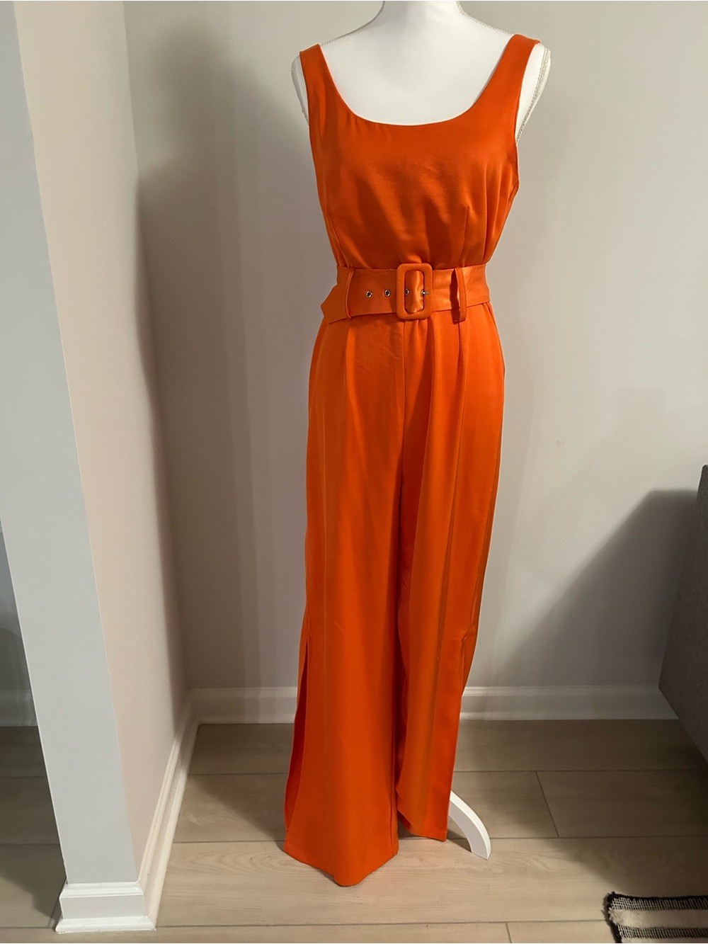 Women's Orange Wide-Leg Jumpsuit with Belt